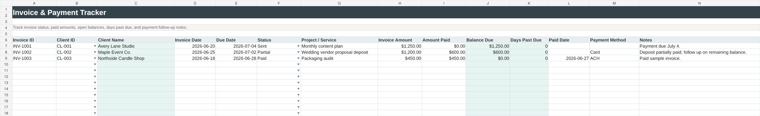 Demonstration invoice tracker showing status, amount, due date, owner, and next follow-up date using fictional data